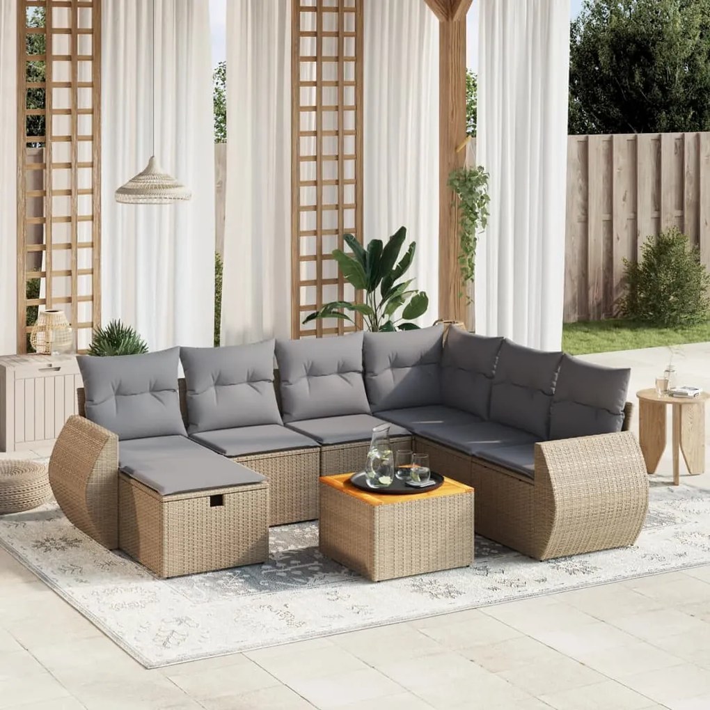8 pcs conj. sofás jardim c/ almofadões vime PE bege misturado