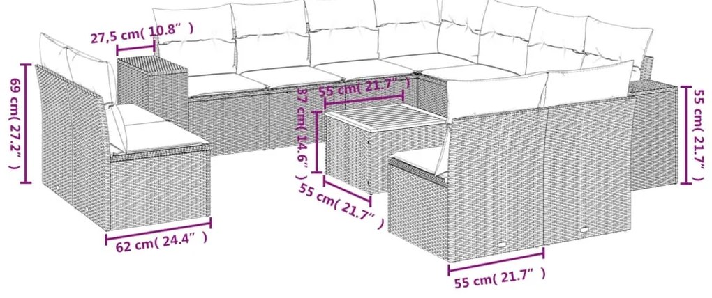 12 pcs conjunto de sofás de jardim c/ almofadões vime PE preto