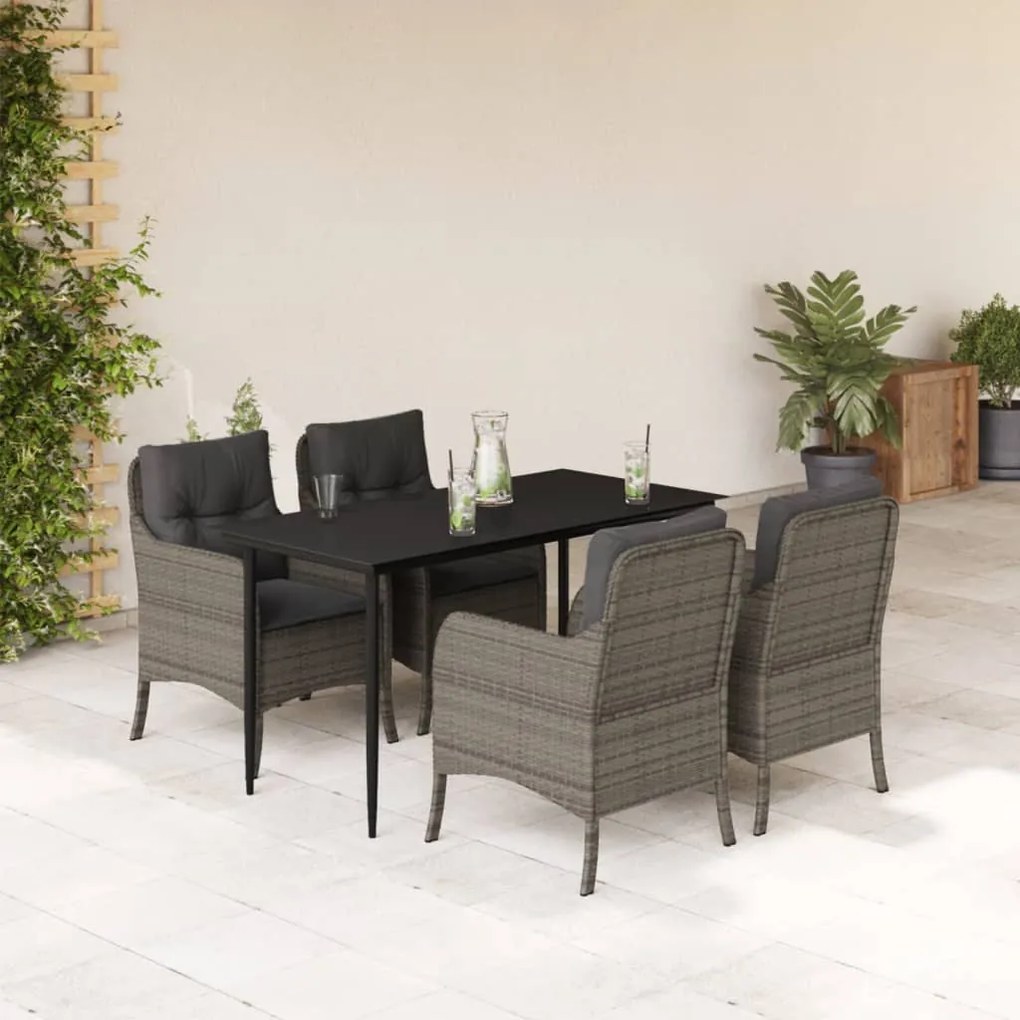 5 pcs conjunto de jantar p/ jardim c/ almofadões vime PE cinza