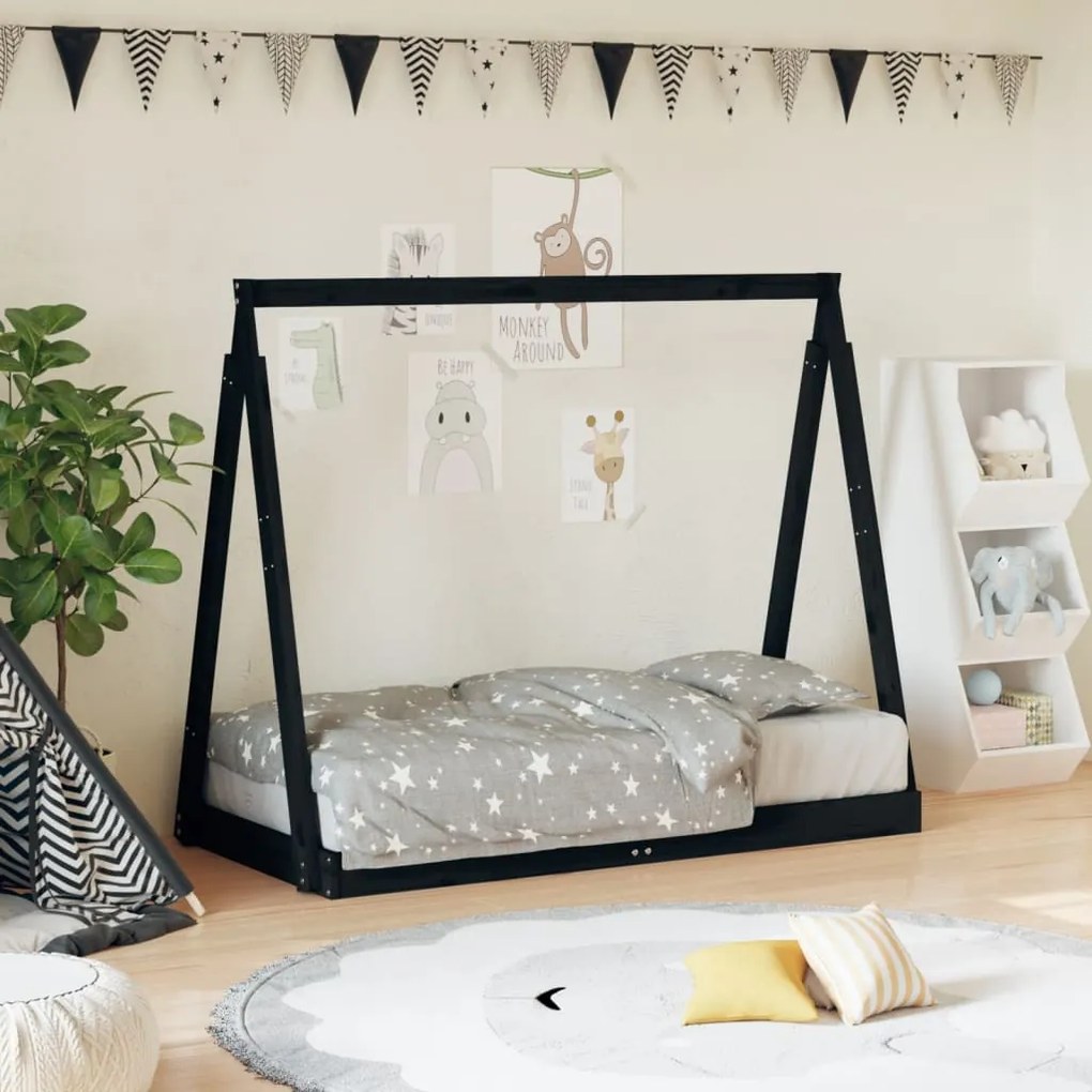 834527 vidaXL Estrutura de cama infantil 70x140 cm pinho maciço preto