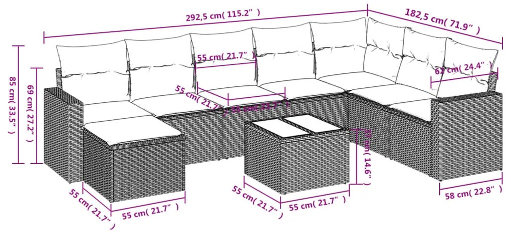 9 pcs conjunto de sofás p/ jardim com almofadões vime PE bege