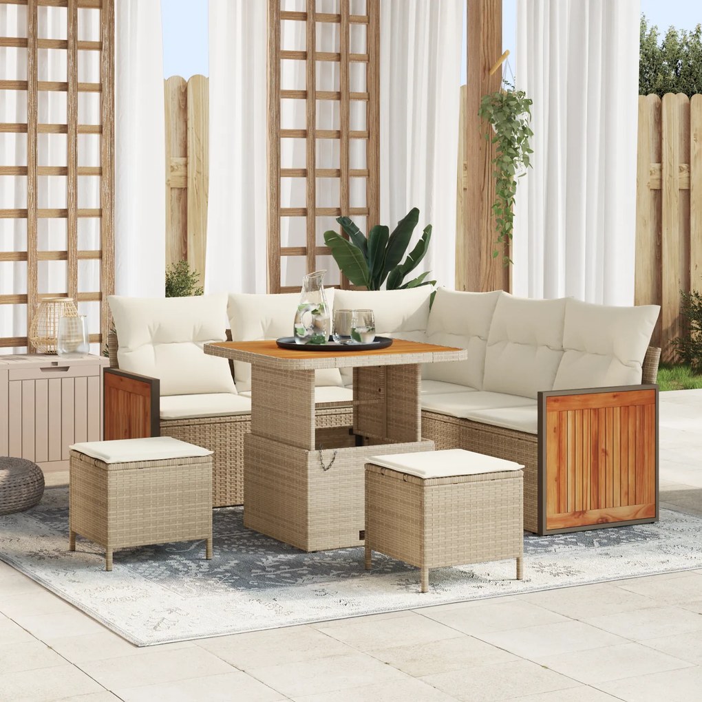 Conjunto de Sofás para Jardim vidaXL 8 Peças com Almofadas Bege Rattan Poliéster Acácia