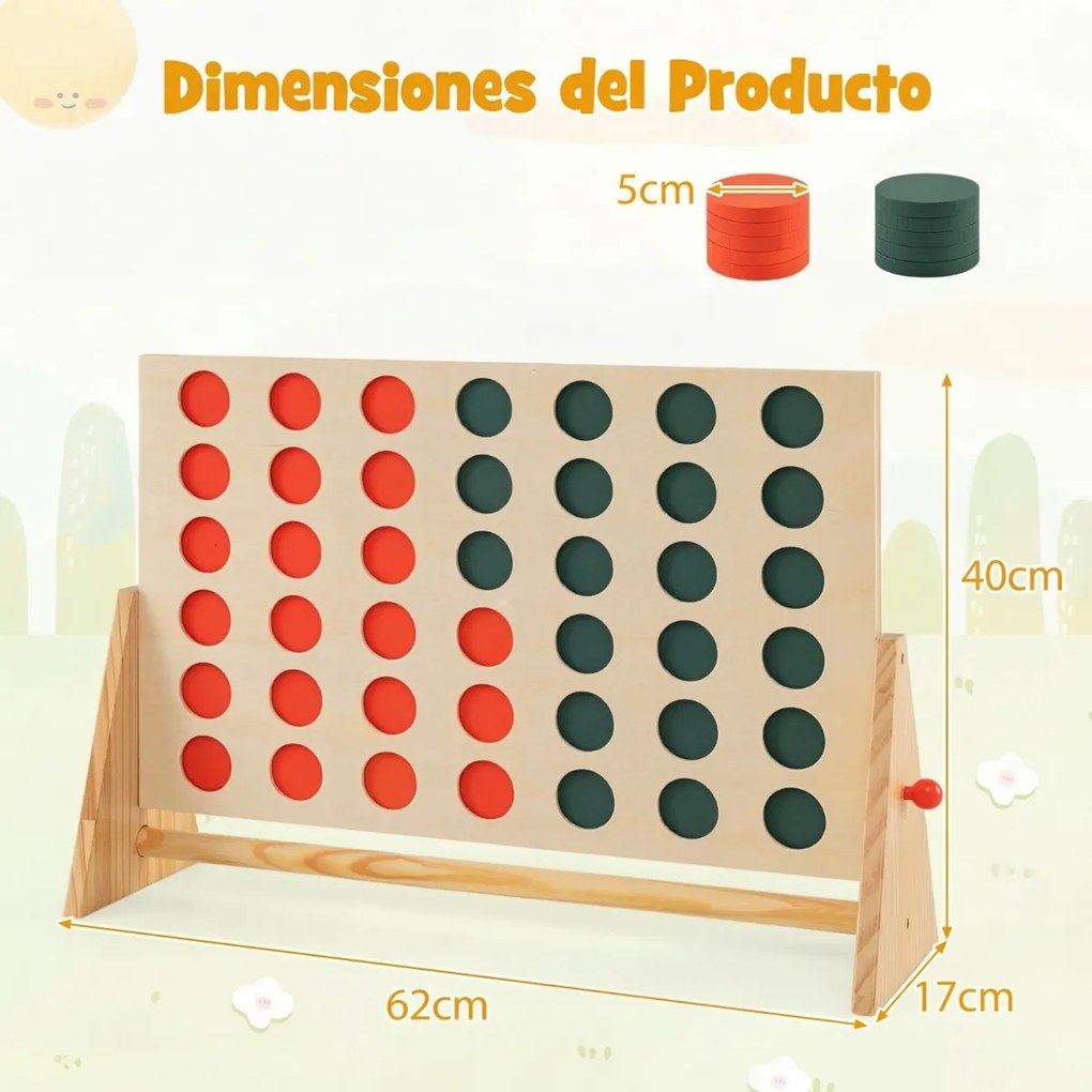 Jogo Conecta de 4 peças  62 x 17 x 40 cmcom 42 fichas e moldura em madeira de pinho para uso interior e exterior – Família, Crianças, Adolescentes, Ad