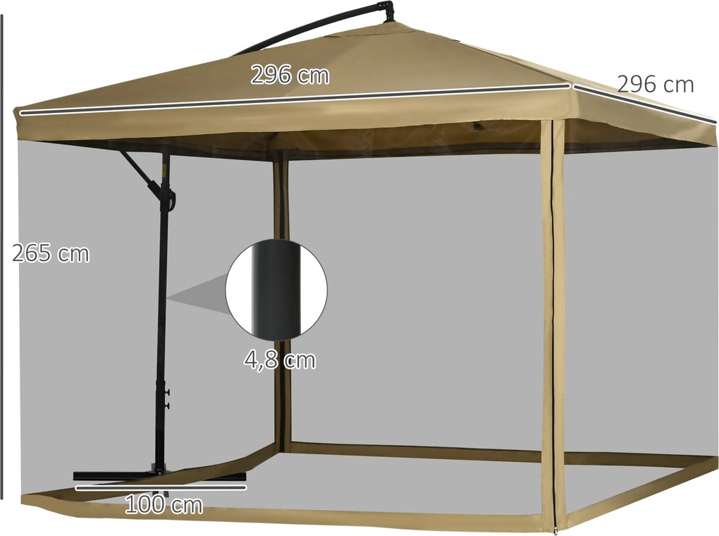 Chapéu de Sol de Jardim 296x296x265cm Chapéu de Sol Excêntrico com Rede Mosquiteira manivela Base Cruzada e Suporte de Aço para varanda Pátio Exterior