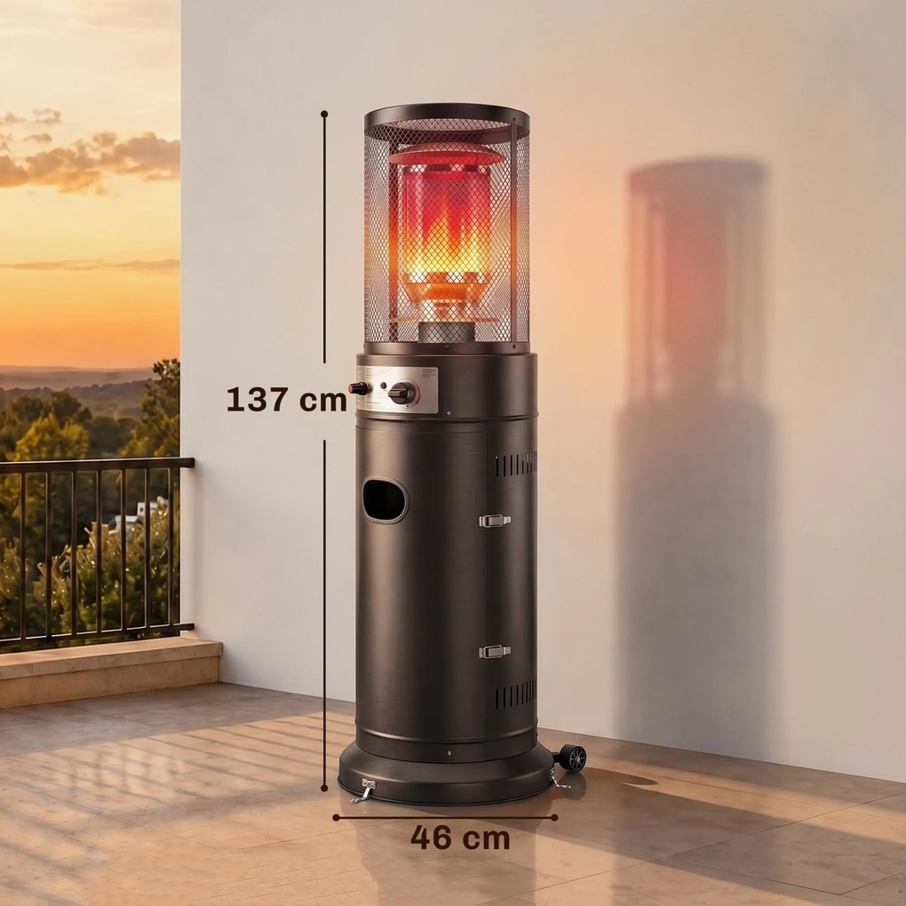 Aquecedor de Gás para Pátio 11 kW Estufa de Exterior Portátil a Propano com Grelha de Proteção e Sistema Antitombo Preto