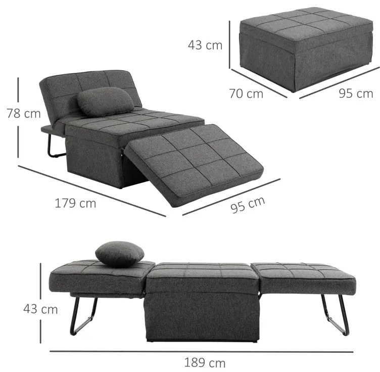 Sofá-Cama "Açores" 3 em 1 - Cinza - 95x179x78 cm - Linho e Metal - Des