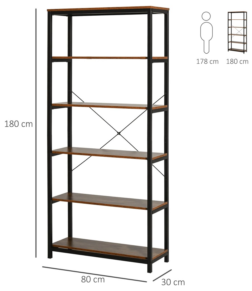 Estante estilo industrial com 6 prateleiras abertas para sala de estar Escritório 80x30x180 cm Castanho Rústico