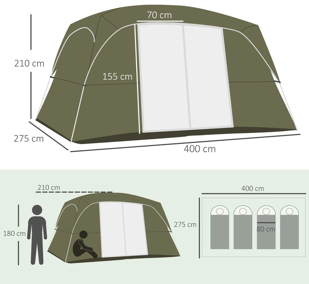 Outsunny Tenda de Campismo Familiar para 4-8 Pessoas com 2 Quartos Ten