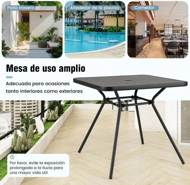 Mesa de jantar para jardim 80 x 80 x 72,5 cm com orifício para guarda-sol de 4 cm e tampo com placa DPC para jardim, varanda, piscina, preta