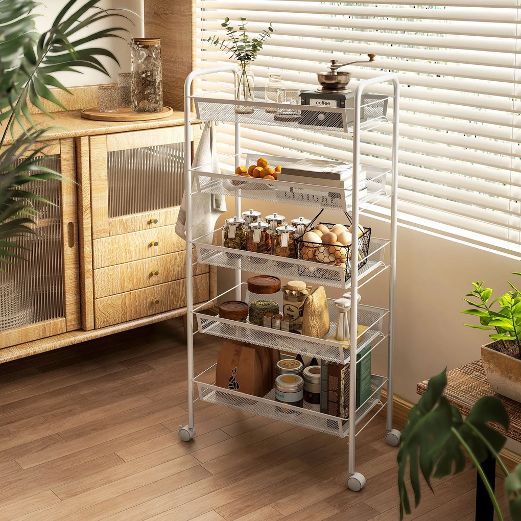 Carrinho cozinha Auxiliar com Rodas de 5 Níveis com Cestos de Malha Removíveis e Estrutura de Aço 45x26,5x106 cm Branco