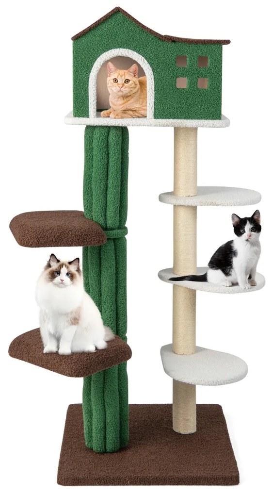 Árvore para gatos multinível com postes para arranhar cobertos de sisal  58,5 x 58,5 x 153 cm