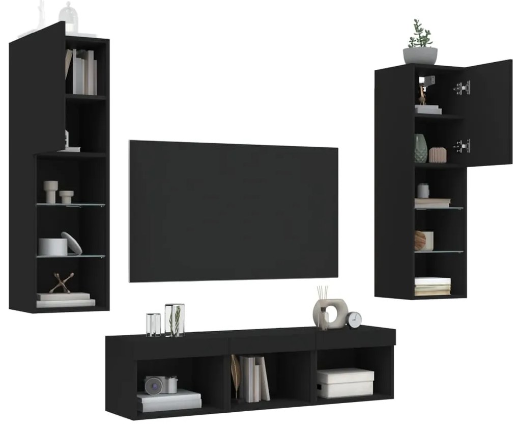 5 pcs móveis de parede p/ TV c/ LEDs derivados de madeira preto