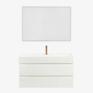 Conjunto De Móvel De Casa De Banho Suspenso Em Madeira E Folha De Freixo Com Lavatório Integrado Ona Branco & Led Retangular - Sklum