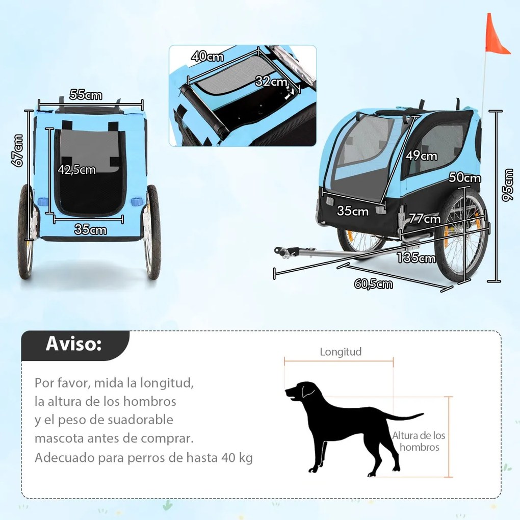 Reboque de bicicleta para animais de estimação com rodas Capacidade 40 kg Caixa de transporte de 2 portas para cães médios 60,5 x 135 x 95 cm Azul