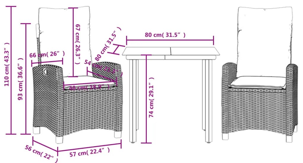 3 pcs conjunto jantar p/ jardim c/ almofadões vime PE castanho