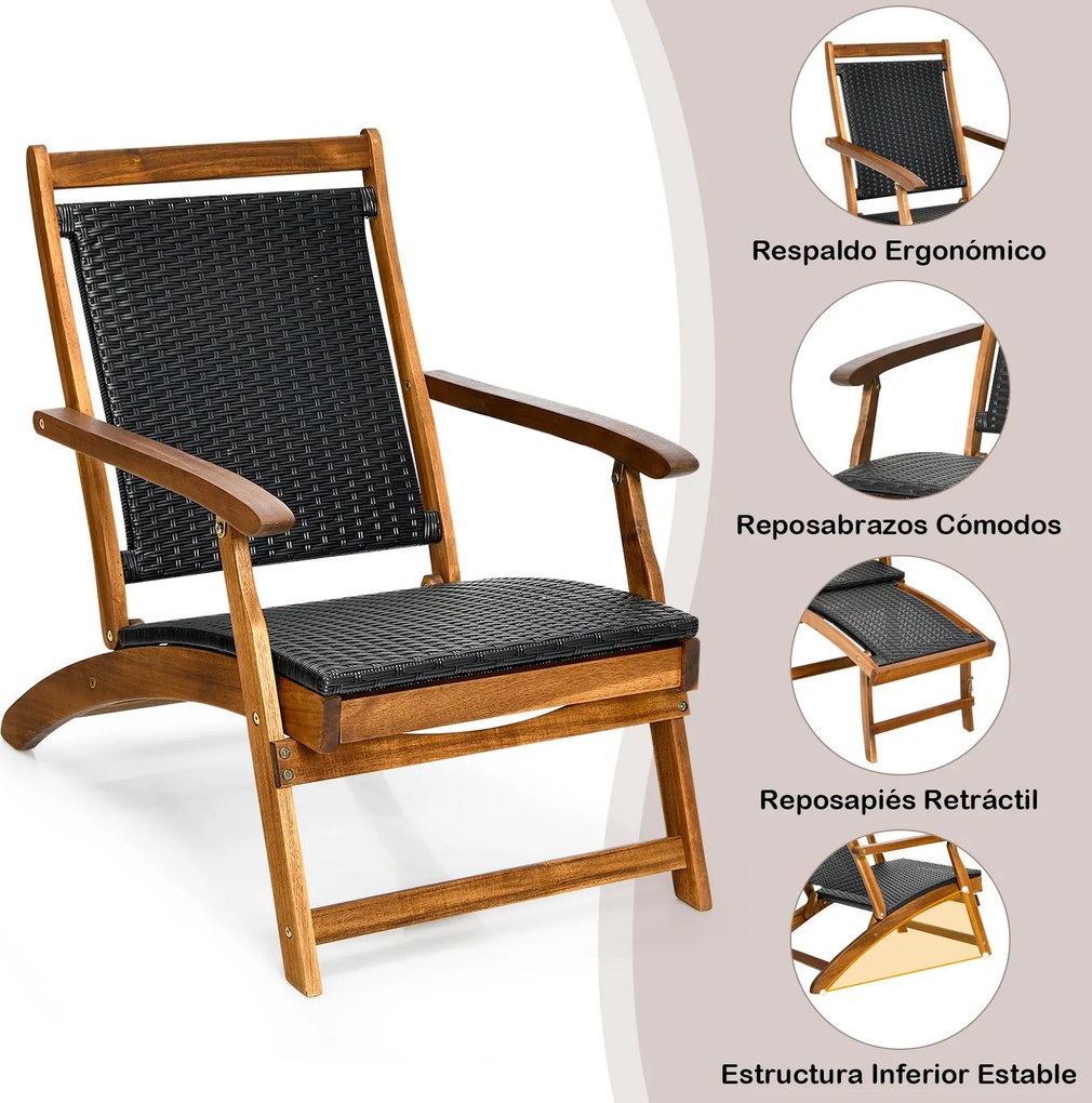 Espreguiçadeira dobrável 2 em 1 em rattan PE e madeira de acácia, com apoio para os pés retrátil, encosto e braços, para pátio, jardim e piscina Natur