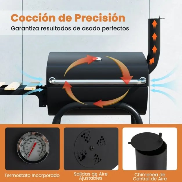 Grelhador a carvão para churrasco ao ar livre com mesa lateral dobrável Termóstato Prateleira de armazenamento preto