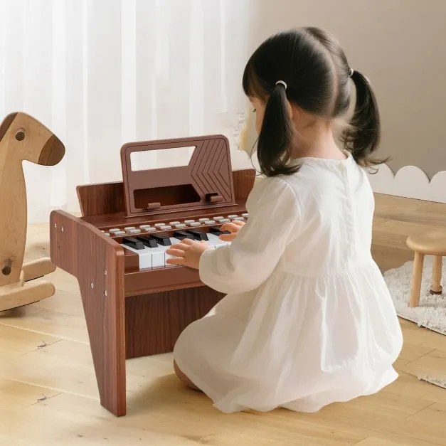 Teclado de piano para crianças 38 x 23 x 27 cm com 25 teclas digital em madeira com velocidade e volume ajustáveis Modo de ensino Castanho