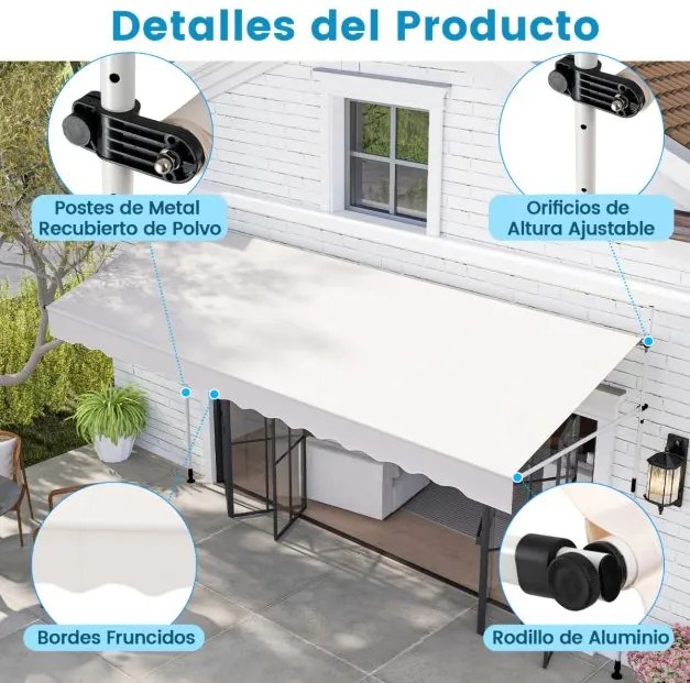 Toldo retrátil manual 4 m x 3 m Toldo exterior com altura ajustável Manivela e sem perfuração para janela Porta Terraço Branco