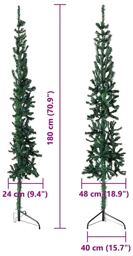 Meia árvore de Natal fina com suporte 180 cm verde