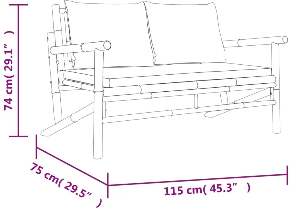 3pcs conj. lounge de jardim bambu c/ almofadões cinzento-escuro