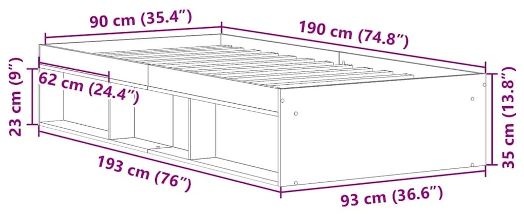 Estrutura de cama 90x190 cm carvalho fumado