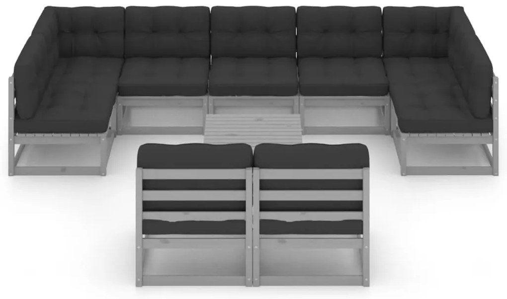 10 pcs conj. lounge de jardim + almofadões pinho maciço cinza