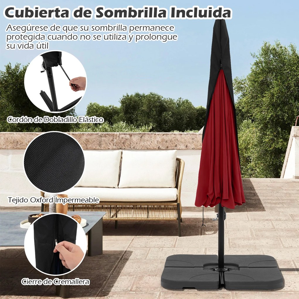 Conjunto de guarda-sol cantilever de 305 cm com inclinação de 0 a 35°, manivela, 8 varas, capa e base recheável com água/areia de 128 kg, vermelho