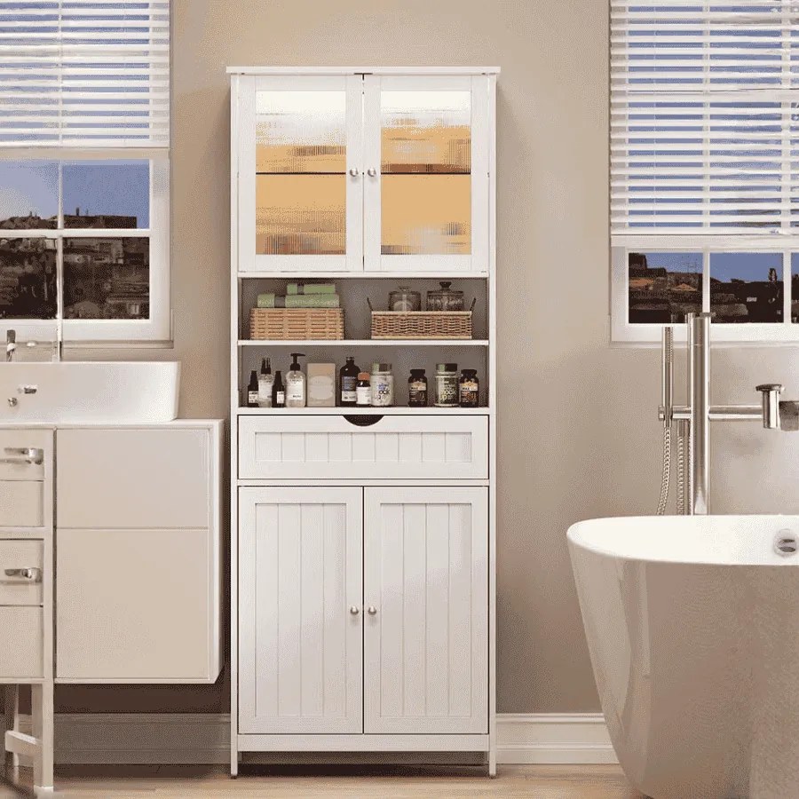 Armário de casa de banho com iluminação LED e prateleiras 30 x 60 x 170 cm, gaveta e compartimentos abertos Branco 