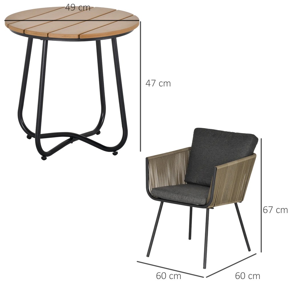 Conjunto de móveis de vime 1 mesa redonda e 2 cadeiras Poltrona com almofadas acolchoadas para varanda Aço cáqui e cinza