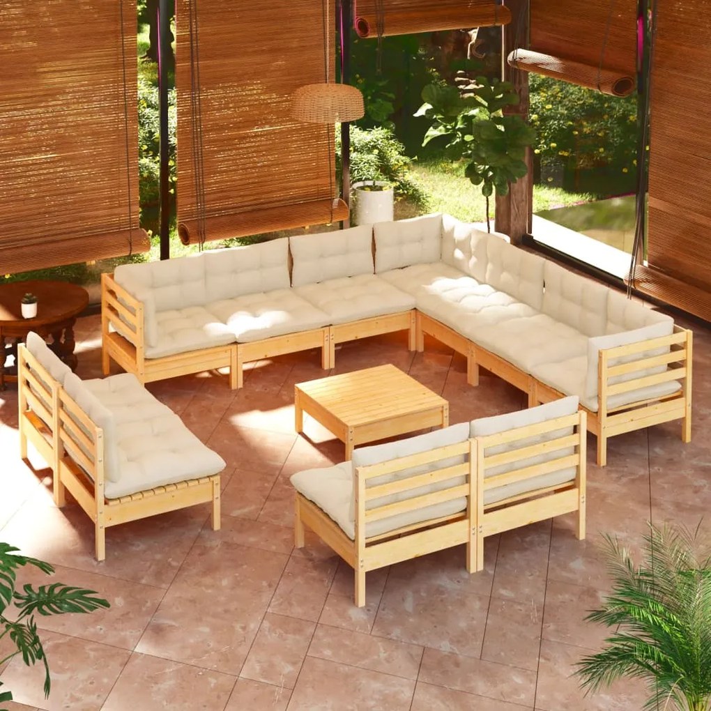 vidaXL 12 pcs conjunto lounge jardim c/ almofadões creme pinho maciço
