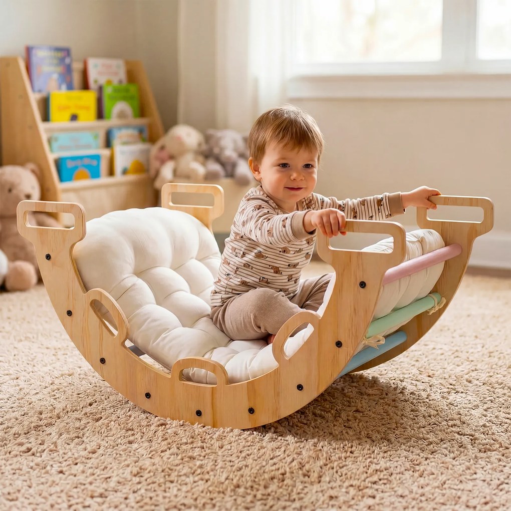 Arco de escalada 3 em 1 bebés Montessori em madeira com almofada e baloiço para interior, a partir de 1 ano, 81 x 48,5 x 38,5 cm, Macron
