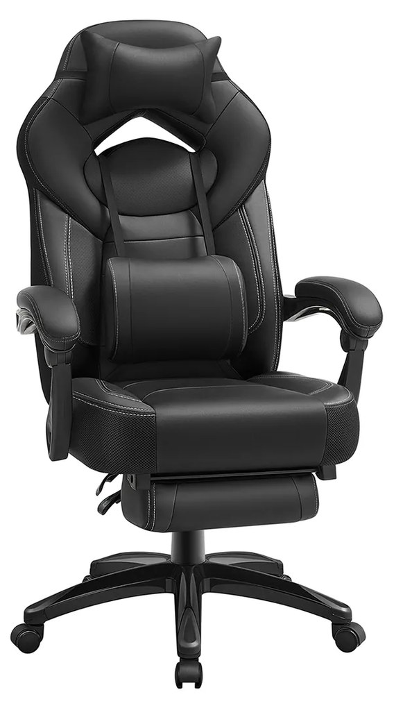 Cadeira Gamer SONGMICS, Cadeira de Escritório com Apoio para os Pés, Cadeira de Mesa, Design Ergonômico, Apoio de Cabeça Ajustável, Suporte Lombar, Suporta até 150 kg, Preta OBG077B01