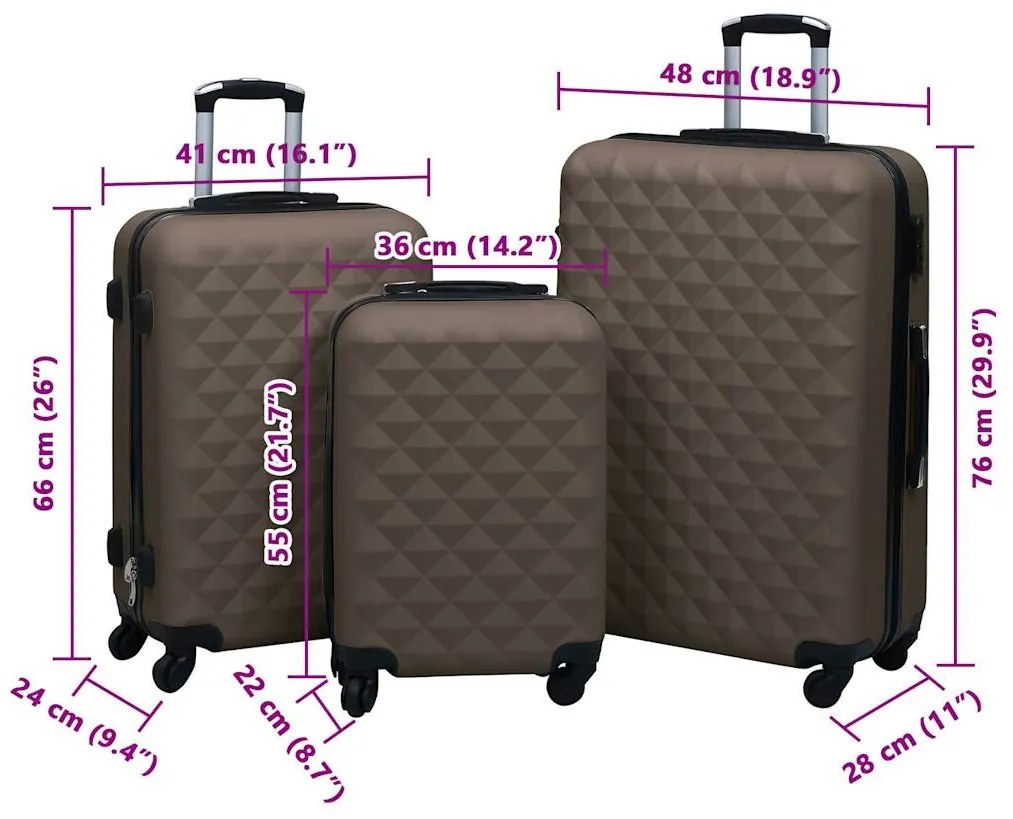 Conjunto de tróleis estojo rígido 3 pcs ABS castanho