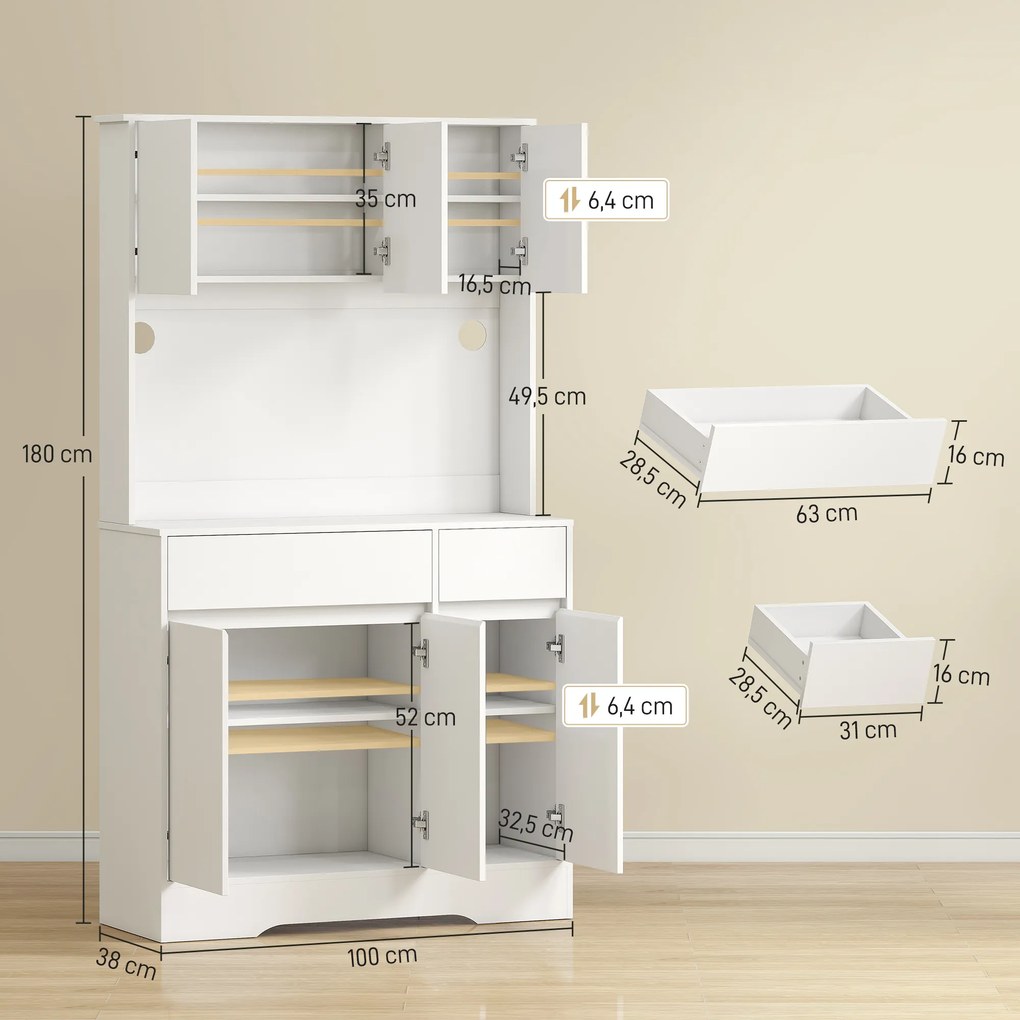 Armário de cozinha 100 x 38 x 180 cm com iluminação LED RGB, bancada, 6 portas, 2 gavetas, branco