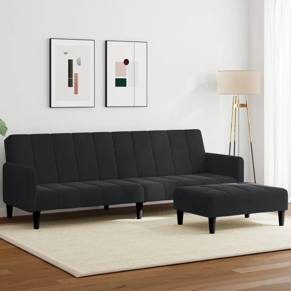 Sofá-cama 2 lugares c/ apoio de pés veludo preto