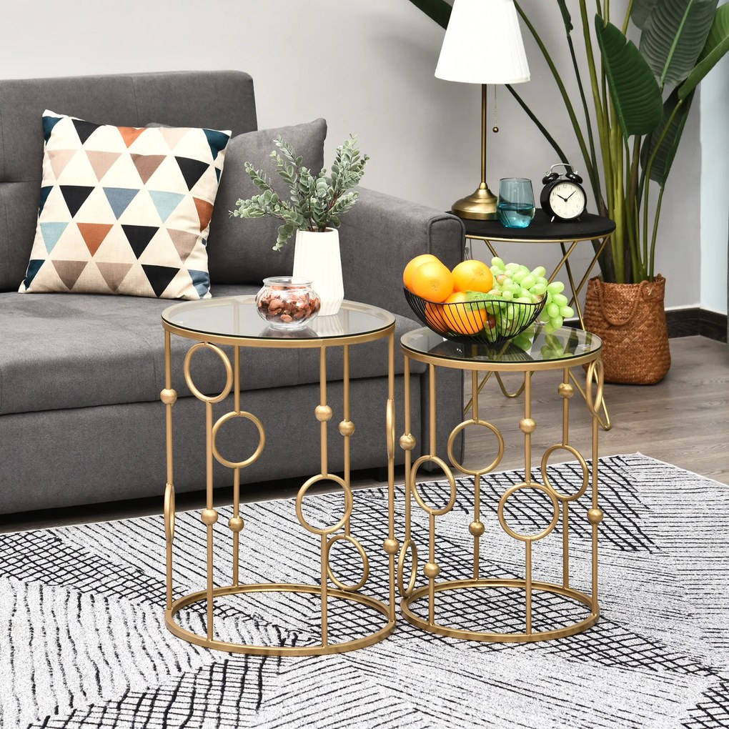 Conjunto de 2 mesas baixas redondas Mesas encaixáveis. de design Art Déco, Ø 41 e Ø 36 cm, vidro temperado de 5 mm metal dourado