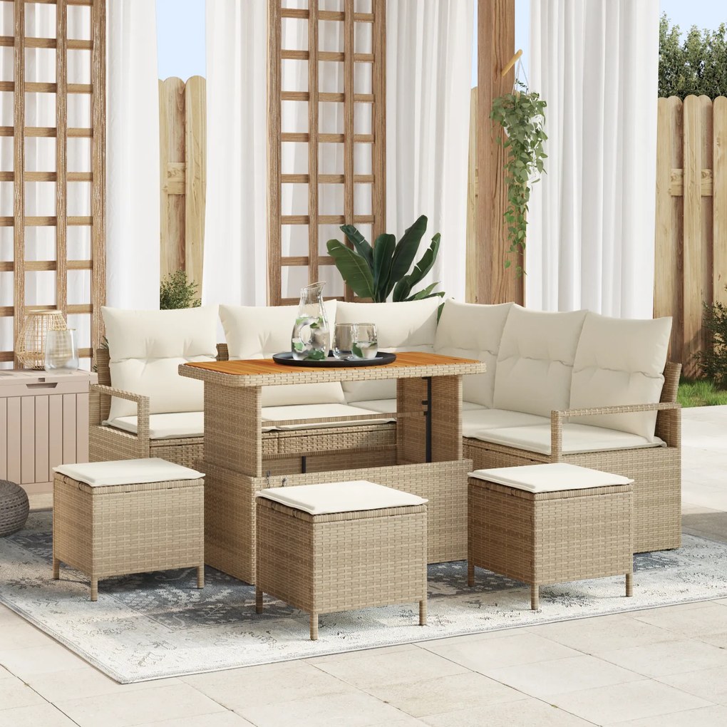 Conjunto de Sofá de Jardim vidaXL 9 Peças com Almofadas Bege Rattan Poliéster Acácia
