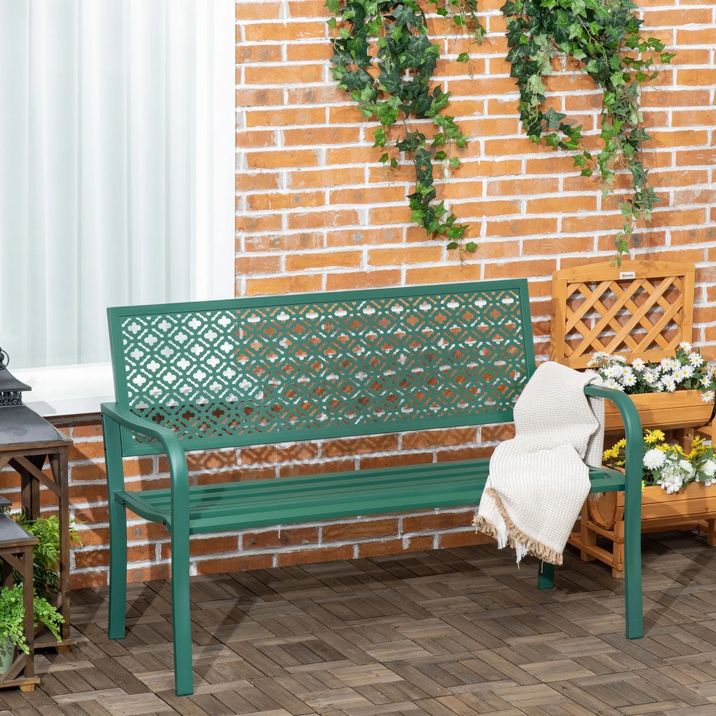 Banco de jardim de exterior em aço com encosto com padrão floral para 2 pessoas, 127 x 63 x 83 cm, verde escuro