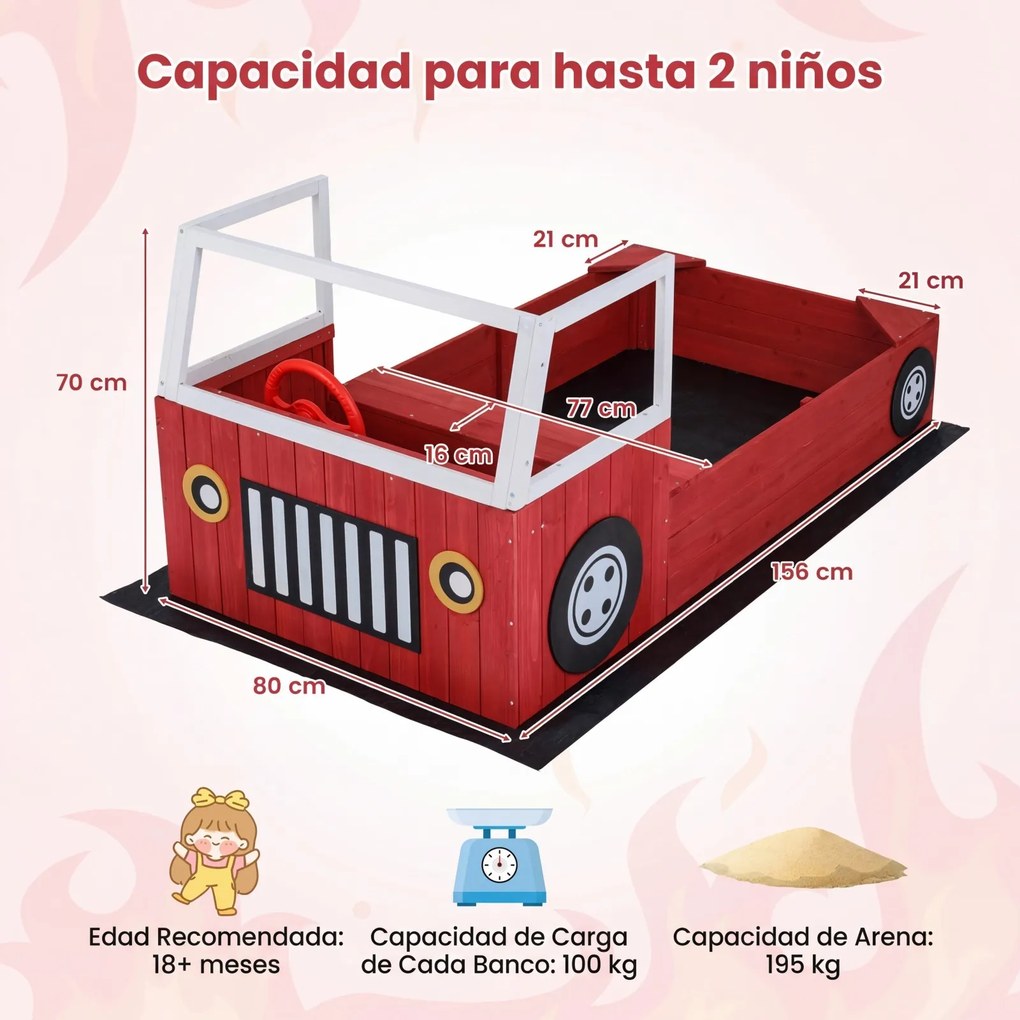 Caixa de areia infantil em madeira de abeto, em forma de camião dos bombeiros 156 x 80 x 70 cm, com banco, volante giratório, 2 assentos e tapete, , v