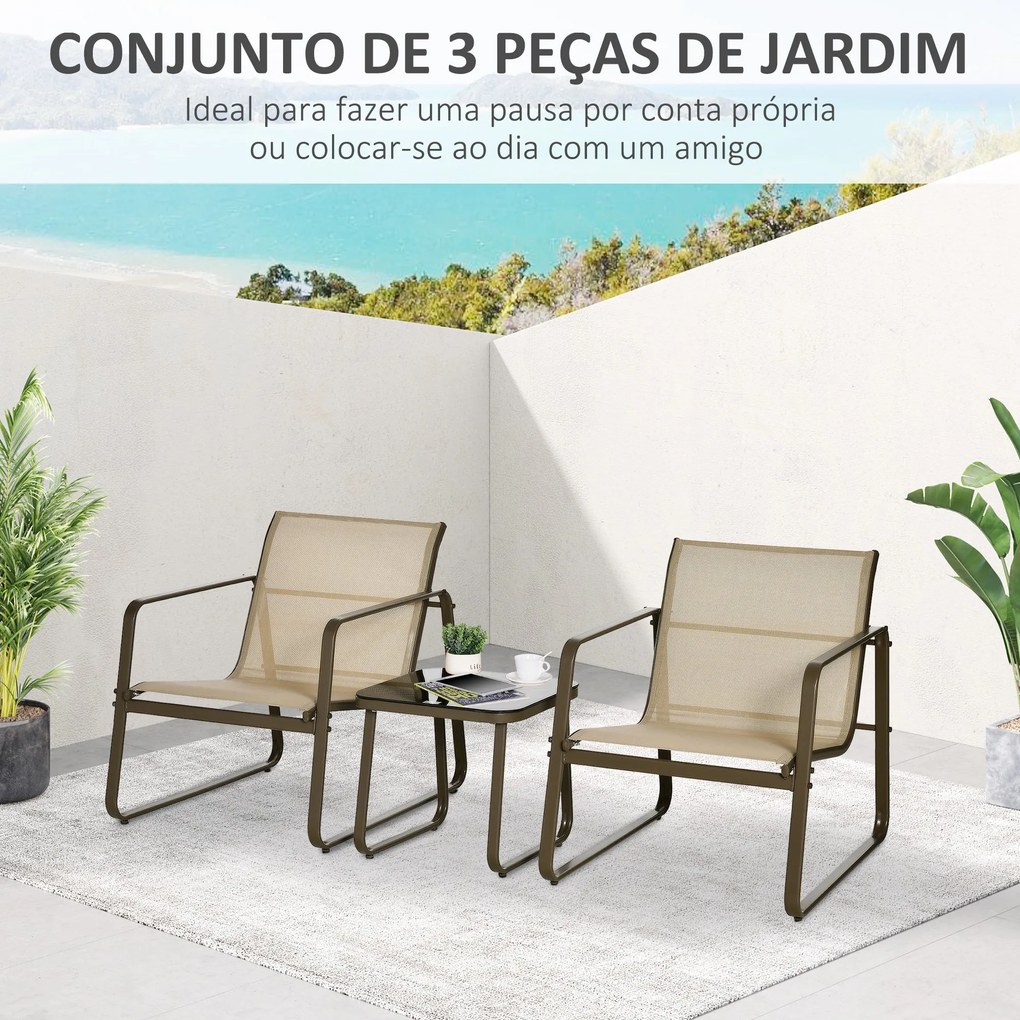 Conjunto de Móveis de Jardim 3 Peças Mesa de Vidro Temperado 43x43x41cm e 2 Cadeiras 62x78x75cm com Apoio para os Braços e Encosto Respirável para Ter