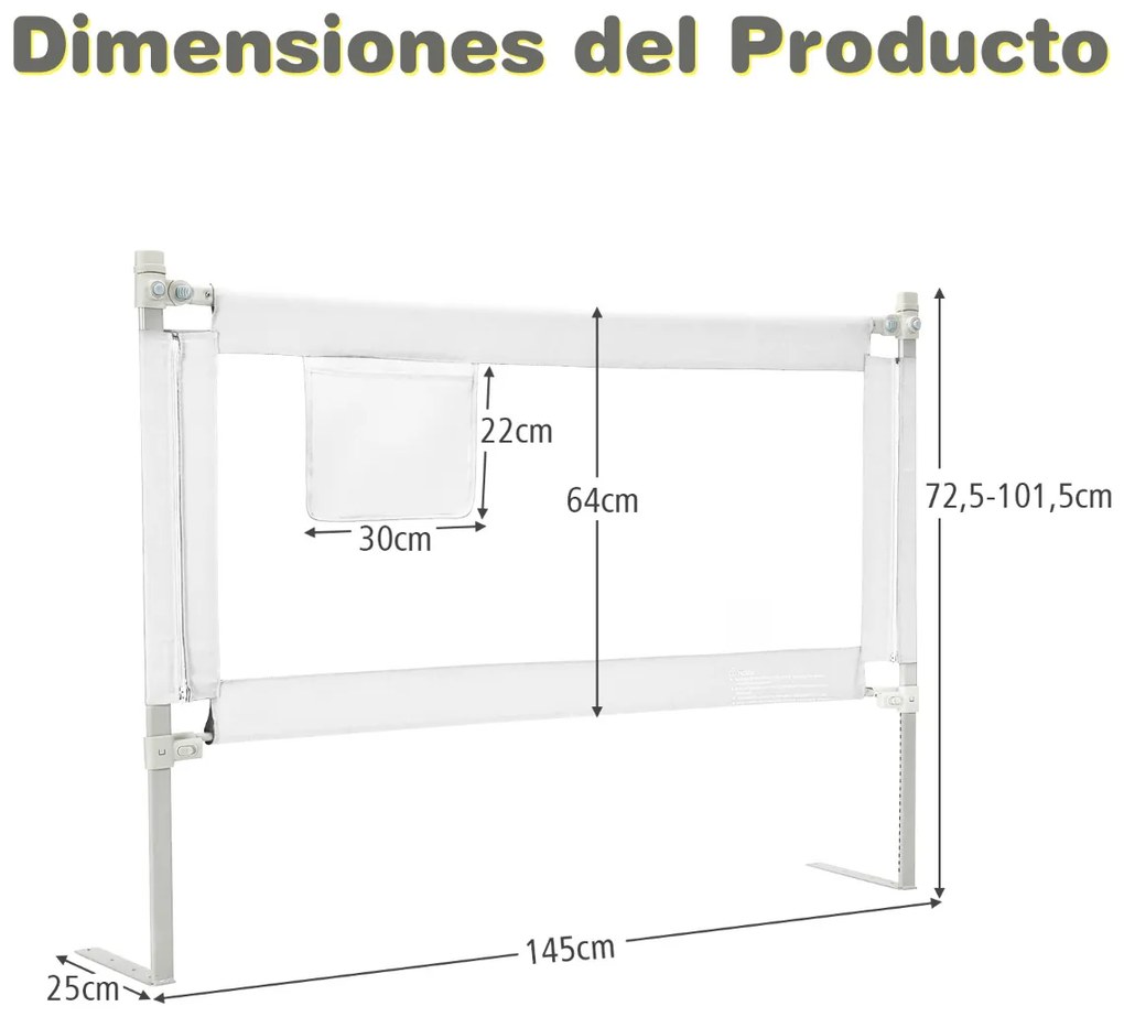 Barra de segurança infantil com grade de cama infantil de 145 cm com cinto de elevação vertical de algodão anticolisão com 24 alturas ajustáveis branc