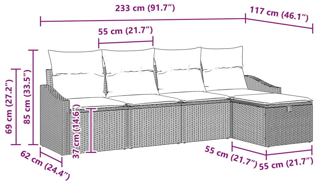 Conjunto de Sofá de 5 Peças com Almofadas Cinza Rattan Polimérico