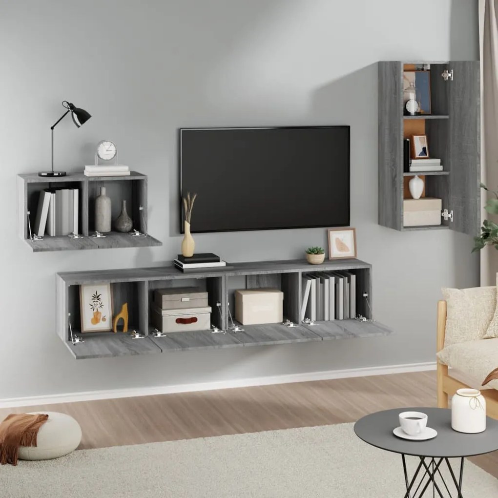 Conjunto móveis de TV 4 pcs madeira processada sonoma cinza