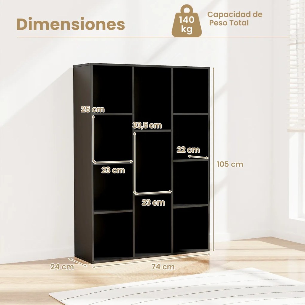 Estante com 11 cubos 74 x 24 x 105 cm para livros vertical ou horizontal em madeira preta