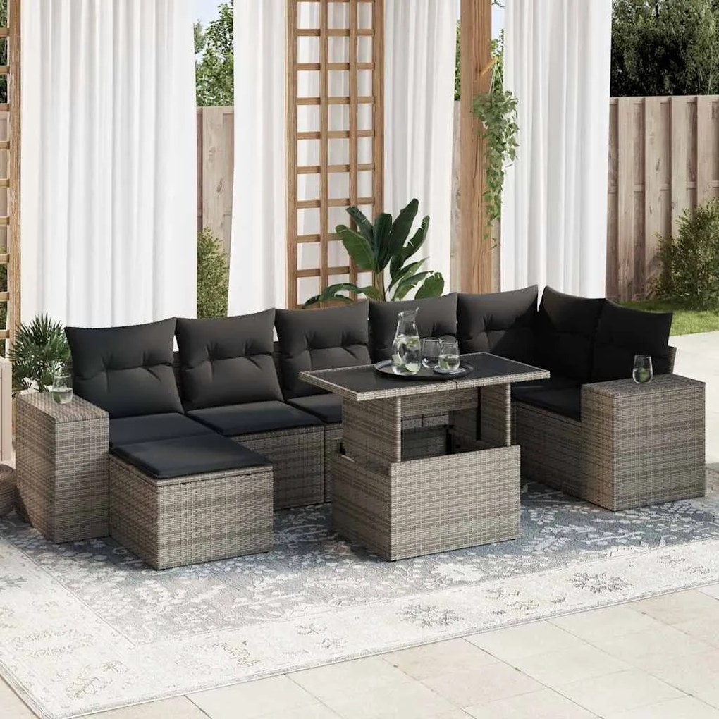 8 pcs conjunto sofás de jardim c/ almofadões vime PE cinzento