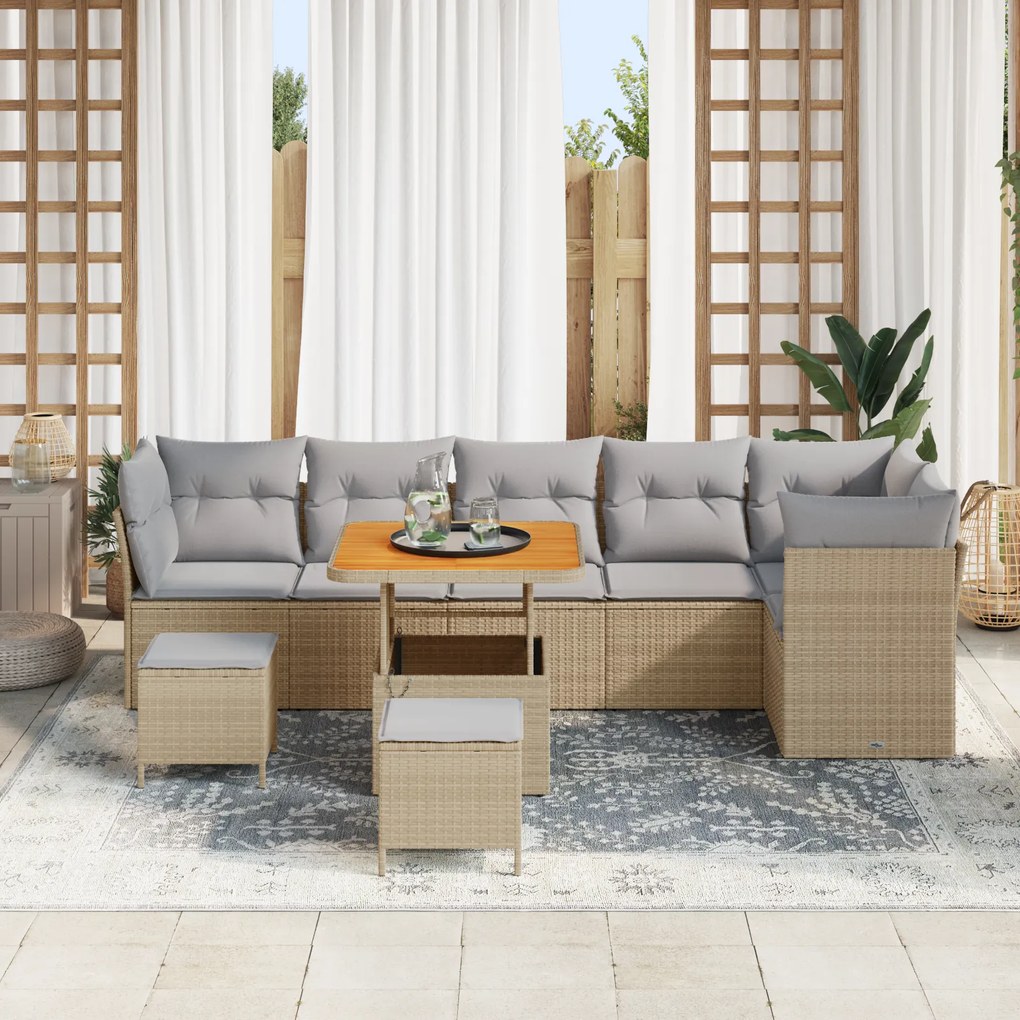 Conjunto de Sofá de Jardim de 9 Peças com Almofadas Bege Rattan Políme