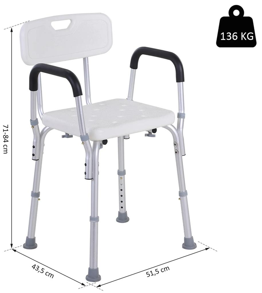 Cadeira de banho ajustável em altura incorpora encosto e apoio de braço