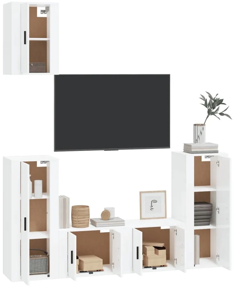 5 pcs conjunto móveis de TV madeira processada branco brilhante