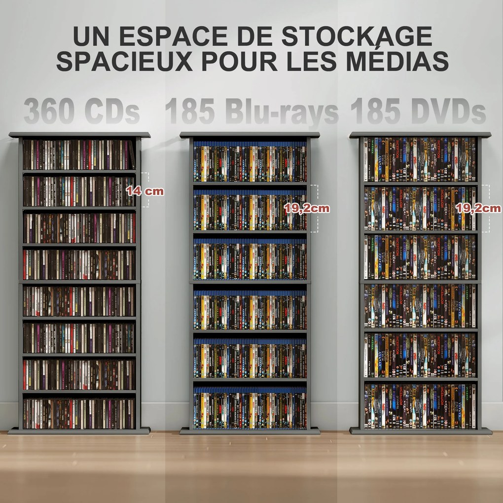 Organizador para CD e DVD com 8 compartimentos e 6 prateleiras ajustáveis, capacidade máxima de 360 CD/185 DVD e Blu-ray, cinzento
